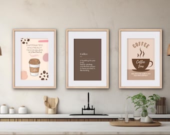 Conjunto de 3 | Impressões digitais com tema de café | Estilo retrô | Presente ideal para amantes de café | Decore sua cafeteria ou cozinha com estilo.