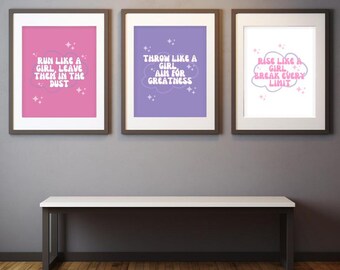 Corra como uma garota | Conjunto de 3 impressões digitais | Brilhante e moderno | Arte de parede inspiradora e empoderadora para meninas e mulheres.