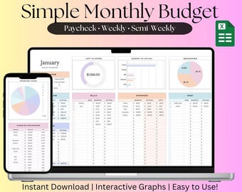 May include: A laptop screen displaying a spreadsheet with a simple monthly budget template. The spreadsheet includes sections for bills, expenses, debt, and spending charts. The spreadsheet is titled "Simple Monthly Budget" and "January".
