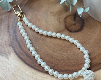 Handmade Round Pearl Beaded Phone Charm, Strap, Ivory Pearl Wristlet, Gift for Her