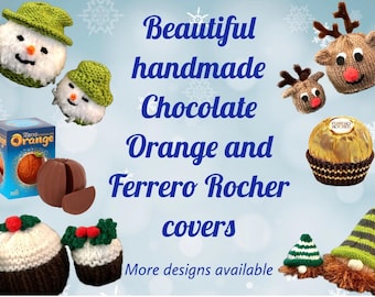 Hand-Knitted Christmas Themed Chocolate Orange and Forrero Rocher Covers