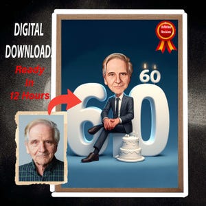 Caricatura de cumpleaños número 60, tarjeta de cumpleaños número 60, caricatura de cumpleaños, regalo de cumpleaños para hombre, esposo, esposa, caricatura de foto personalizada de cumpleaños