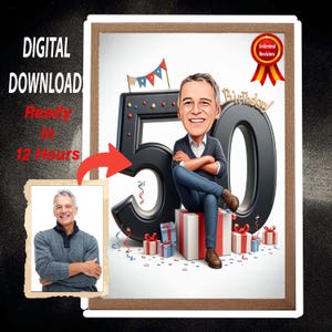 Aangepaste karikatuurportret 50e verjaardag, cartoonportret, cadeau 50-jarige man, digitale download: gepersonaliseerde karikatuur van foto.
