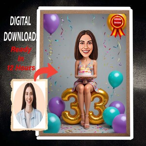 Retrato de desenho animado personalizado de 33º aniversário, caricatura de 33º aniversário, caricatura de aniversário, presente de aniversário personalizado, presente engraçado, cartão de aniversário digital