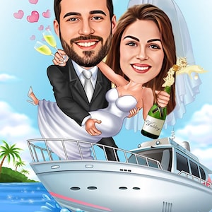 caricatura de pareja de novios personalizada, regalo de vacaciones, personalizar retrato de pareja de viaje, caricatura a partir de foto, dibujo de pareja personalizado