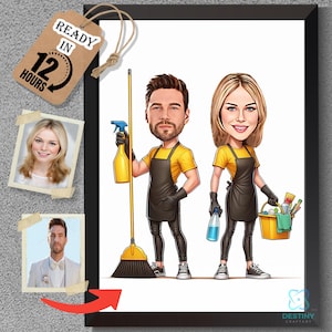 Custom Cleaner Cartoon Portrait, Cleaner Caricature, Gift for Couple Cleaner, Funny Cleaner Caricature from Photo, Cleaner Digital art