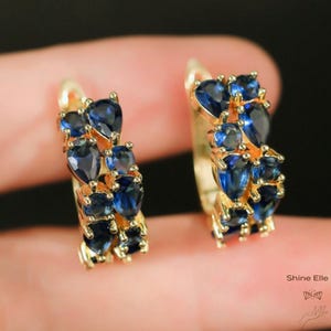 Blue-White Stones Earrings, Genuine Multi Stones Hoop Silver Earrings for Women, Multi Gemstone Gold Plated Earrings, 925 Sterling Silver