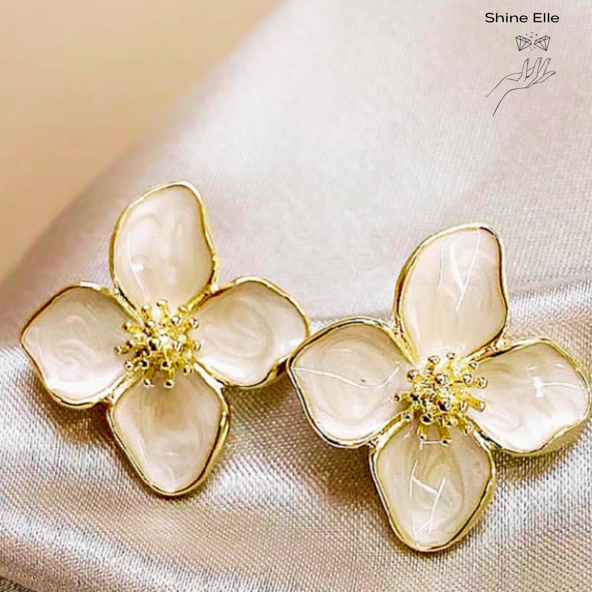 Gold Hibiscus Flower Stud Earrings: Enamel Blossom Floral Studs