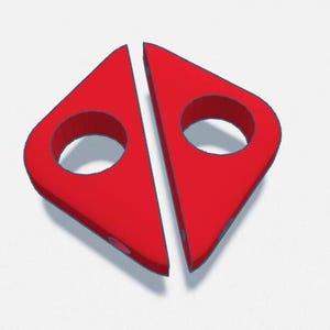 May include: Two bright red, triangular-shaped objects with a circular hole in the center. The objects are positioned side-by-side, creating a symmetrical design. The objects have a smooth, glossy finish and are set against a white background.