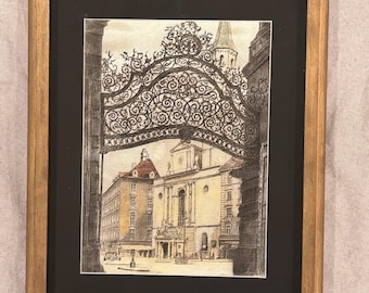Vintage-Architekturradierung aus Wien, Österreich | Gerahmte europäische Stadtansicht | Wandkunst in Schwarz und Gold | Österreichische Reisekunst