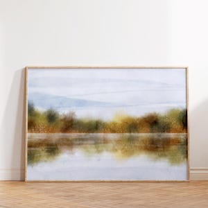 Impresión de paisaje vintage en acuarela, arte imprimible de lago otoñal, impresiones de otoño, arte mural verde salvia, pintura de paisaje de verano, póster de otoño