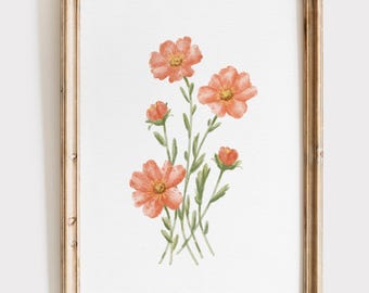 Afdrukbare bloemen, oranje roze klaproos wilde bloemen print muurkunst, vintage stijl botanische print, bloemen aquarel, boho muur decor