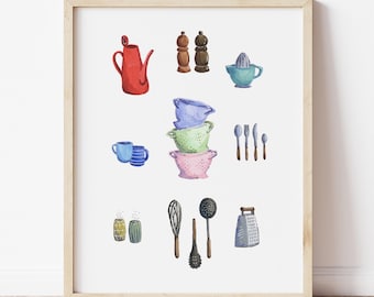 Wydruki na sztukę kuchenną, sztuka ścienna do kuchni, nowoczesny wydruk w stylu rustykalnym, wystrój kuchni, natychmiastowe pobranie, plakat do kuchni, czajniczek, kubek, sztućce