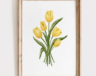 Gelbe Tulpen Druck, Tulpe druckbare Kunst, Frühling Wandkunst, Blumen Poster, Frühling Blumendruck Botanische Wand-Dekor Aquarell druckbare Kunst