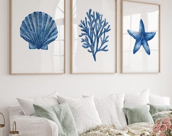 Set of 3 Blue Nautical Ocean Printable Art, Navy Coral Shell Starfish Wall Art, Watercolor Coastal Art, Botanical Prints, Beach House Decor