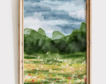 Arte imprimible de paisaje de flores silvestres, lámina de primavera, paisaje de campo de flores, arte minimalista, decoración vintage, lámina de verano, paisaje de acuarela