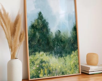Arte imprimible de paisaje de flores silvestres, lámina de primavera, paisaje de campo de flores, arte minimalista, decoración vintage, lámina de verano, paisaje de acuarela