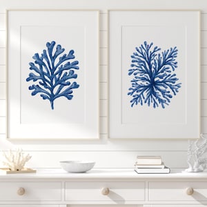Navy Blue Coral  & Seaweed Set of 2 Printable Wall Art, Coastal Beach House Decor, Watercolor Sea Print Nautical Ocean Minimalist Marine art