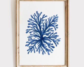 Navy Blue Coral Seaweed Wall Art Printable Art, Minimalist Watercolor Painting, Nautical Wall Decor, Coastal Wall Art, Beach House Artwork