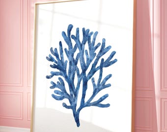 Navy Blue Coral Seaweed Wall Art Printable Art, Minimalist Watercolor Painting, Nautical Wall Decor, Coastal Wall Art, Beach House Artwork
