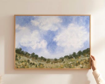 Summer Field Landscape Print, Cottage Scenery Printable Wall Art, Modern Farmhouse Decor, Spring Flower Pasture Landscape Oil Painting