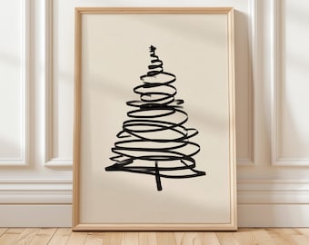 May include: A framed print featuring a minimalist black and white Christmas tree design. The tree is composed of looping black lines against a cream-colored background. The artwork is displayed in a light wood frame, suitable for holiday decor.