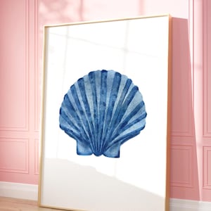 Navy Blue Scallop Shell Printable Wall Art, Coastal Beach House Decor, Watercolor Seashell Print, Nautical Ocean Art, Minimalist Sea Shell