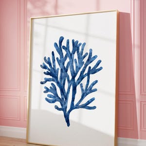 Navy Blue Coral Seaweed Wall Art Printable Art, Minimalist Watercolor Painting, Nautical Wall Decor, Coastal Wall Art, Beach House Artwork