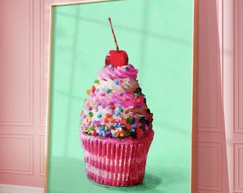 Pink Cupcake Art Printable | Wall Art Vintage Poster | Retro Food Art Poster | Sprinkles | Foodie Art | Kitchen Art | Digital | PRINTABLE