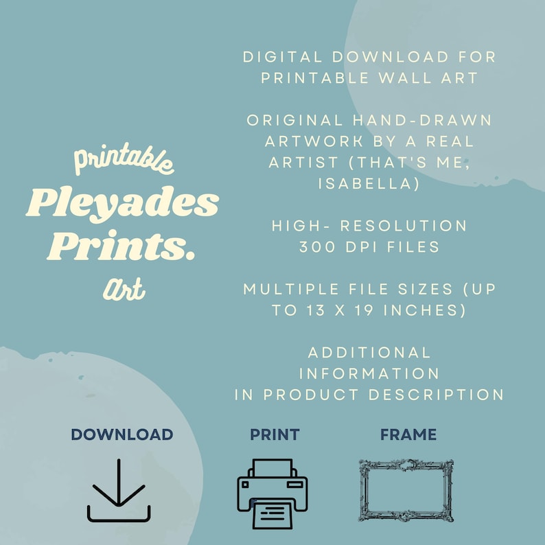 May include: Digital download art print with text: "Printable Pleyades Prints. Art." Includes information about the artwork, artist, and file sizes up to 13 x 19 inches. Features icons for download, print, and frame options.