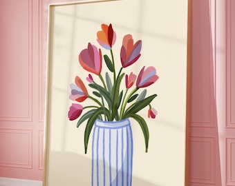 ピンクのチューリップの花瓶の水彩画プリント可能な壁アート、植物プリント、花の壁アート、春の装飾、花のプリント、春のプリント、花のプリント