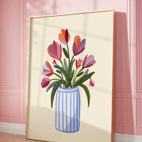Rosa Tulpen Vase Aquarell druckbare Wandkunst, Botanische Kunst, Blumen Wandkunst, Frühlingsdeko, Blumendruck, Frühlingsdruck, Blüten Druck