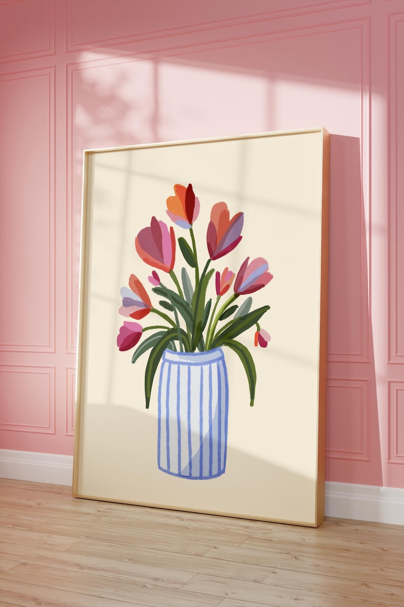Pink Tulips Vase Watercolor Printable Wall Art, Botanical Print, Floral ...