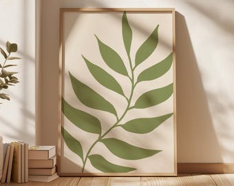 Abstract Botanical Leaves Printable Art, Sage green and Beige Mid Century Modern Apartment Design, Minimalist Living Room Bathroom Art Decor