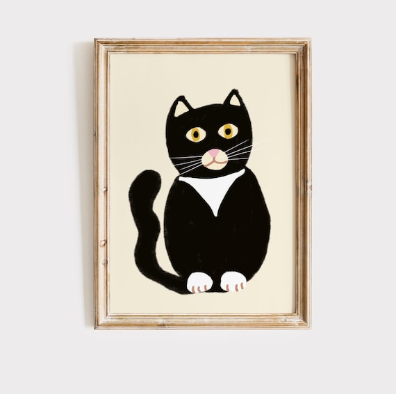 Black & White Cat Printable Cat Illustration Print, Vintage Mid Century Print, Retro Modern Wall Art Poster, Children Decor Digital Download