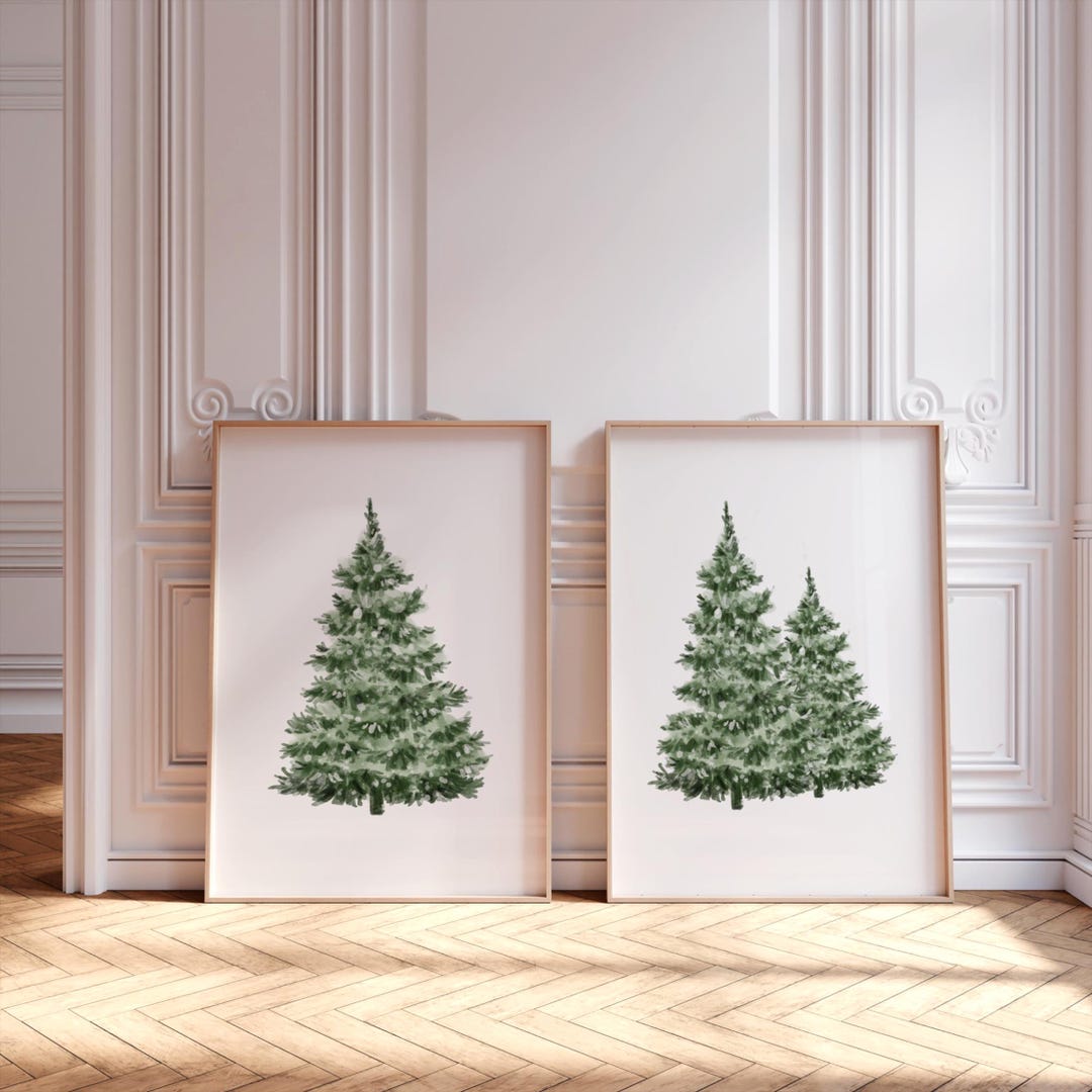 Set of 2 Winter Trees Printables, Snowy Tree Print Wall Art, Vintage ...
