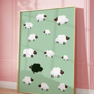 Impresión de oveja negra / Impresión de ilustración de oveja, impresión vintage de mediados de siglo, póster de arte de pared moderno retro, descarga digital de decoración para niños