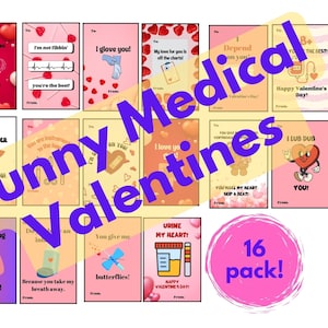 Funny Medical Valentine Cards, Printable PDF file, 16 Pack for doctors, nurses, lab techs, pharmacists, and students. Medical puns