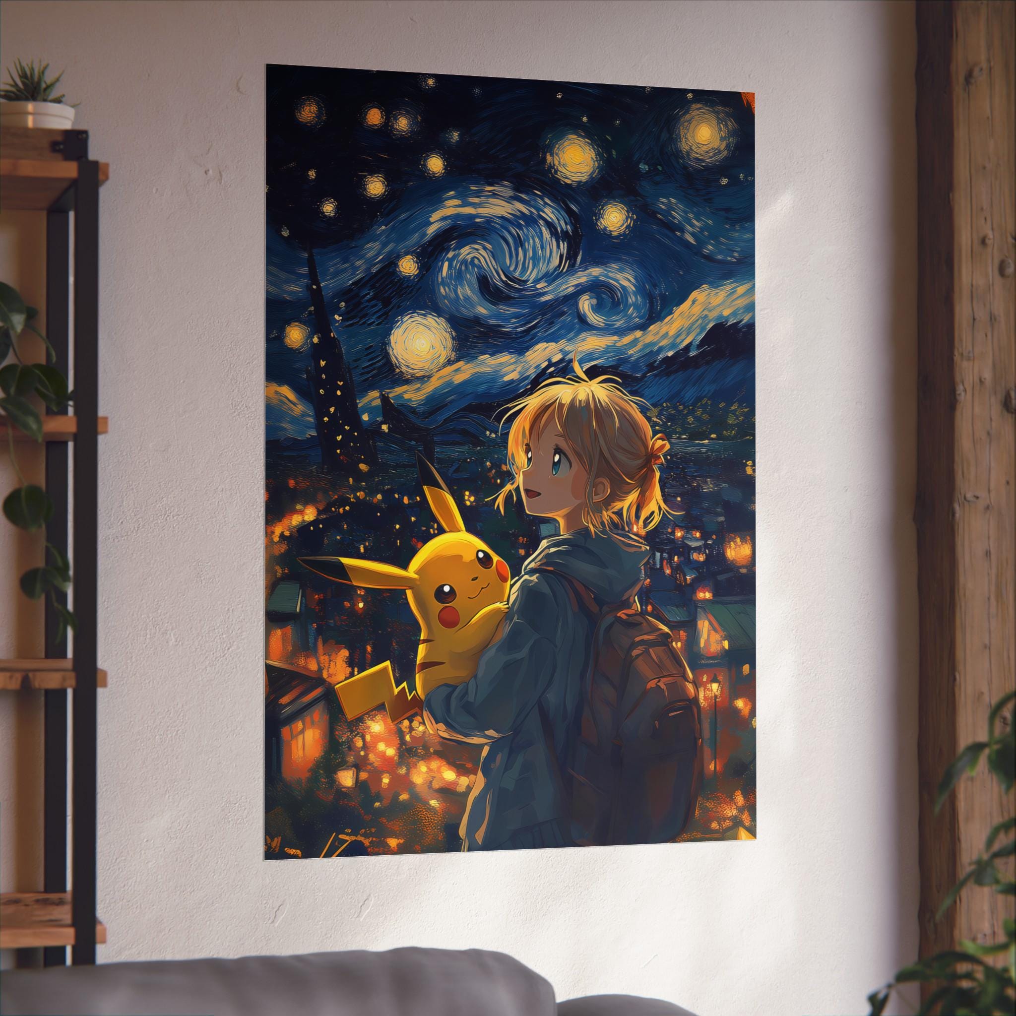 ポケモン風ピカチュウポスター - ゴッホ風星月夜の絵画 - デジタル