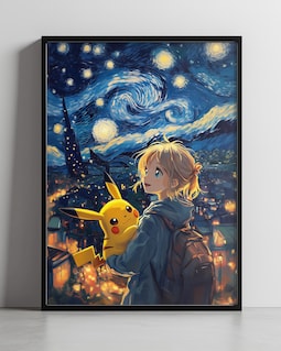 ポケモン風ピカチュウポスター - ゴッホ風星月夜の絵画 - デジタル