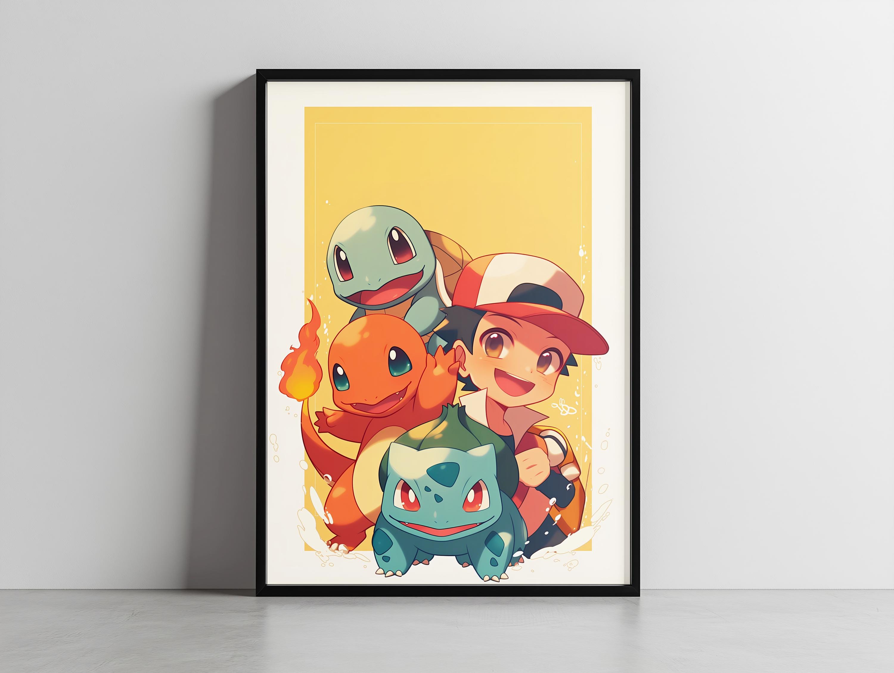 ヒトカゲ ゼニガメ フシギダネ　ポスター ポケモンにインスパイアされたサトシ、ヒトカゲ、ゼニガメ、フシギダネ
