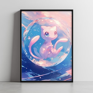 May include: A pink and white Pokemon character, known as Mew, is floating inside a large, transparent bubble. The bubble is surrounded by a blue and purple background with a soft, dreamy aesthetic.