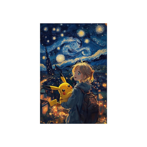 ポケモン風ピカチュウポスター - ゴッホ風星月夜の絵画 - デジタル
