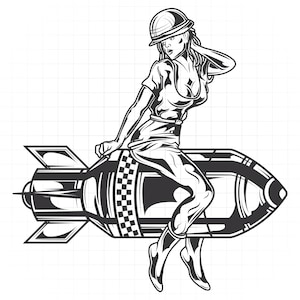 Puede incluir: Ilustración en blanco y negro de una mujer con uniforme de trabajo y casco, sentada sobre una bomba. La bomba tiene un patrón de cuadros y aletas. La mujer está en una pose pin-up.