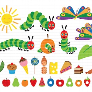 May include: A colorful illustration featuring a smiling sun, caterpillars, butterflies, and various food items. The caterpillars are green with red faces. The food items include a cupcake, ice cream cone, and fruit.