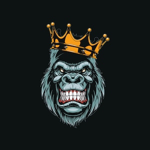 May include: A fierce gorilla illustration wearing a gold crown, set against a black background. The gorilla has a menacing expression with bared teeth. The crown is detailed with gold and black accents, creating a bold graphic.