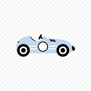 Puede incluir: Ilustración de un coche de carreras vintage azul claro. El coche tiene ruedas negras, un volante negro y un círculo blanco en el lateral. Dos rayas blancas recorren horizontalmente la carrocería.
