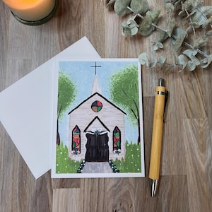 Partecipazione di nozze religiosa / Illustrazione della chiesa dipinta a mano / Cartoncino di lino con opzione di benedizione personalizzata