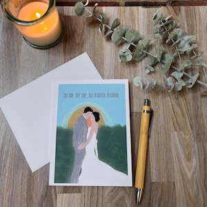 Tarjeta de boda con ilustración de pareja / Diseño de atardecer pintado a mano sobre cartulina de lino / Opción de bendición religiosa o mensaje personalizado