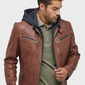 Brown Leather Hooded Jacket: Men&#39;s Genuine Leather Outerwear